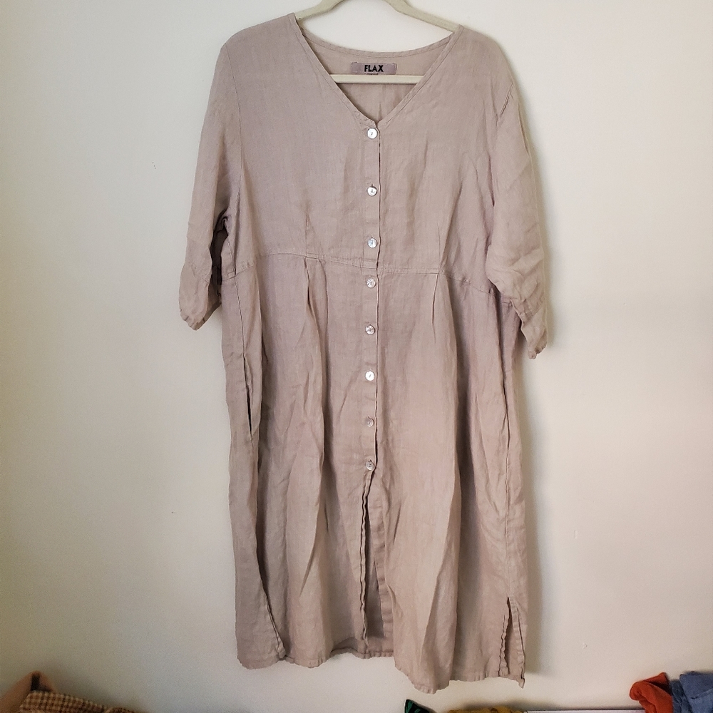 100% Linen Flax Oatmeal Natural Midi Dress
